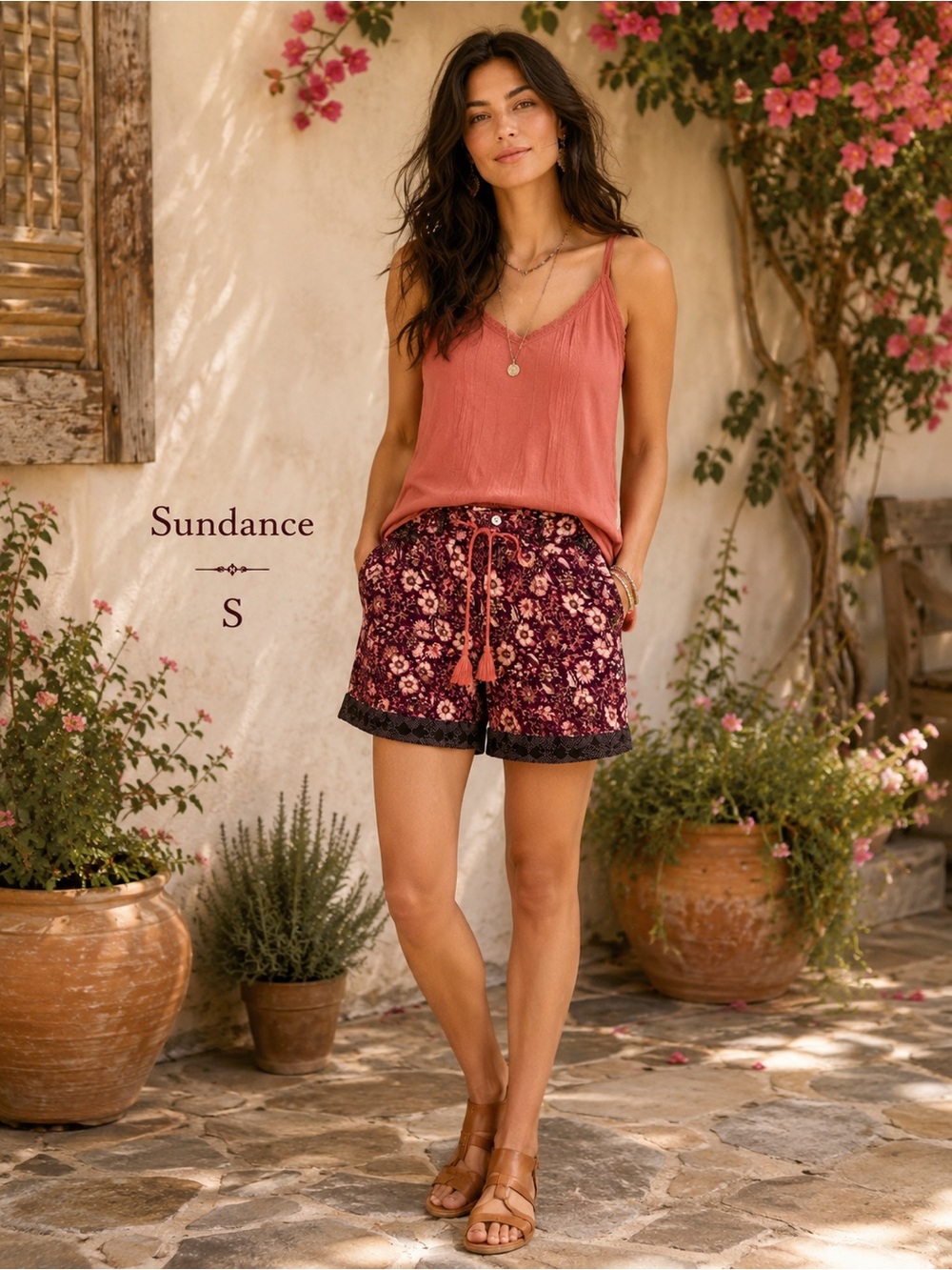 Sundance Floral Linen Blend Shorts Tassel Tie Boho Pockets Size S